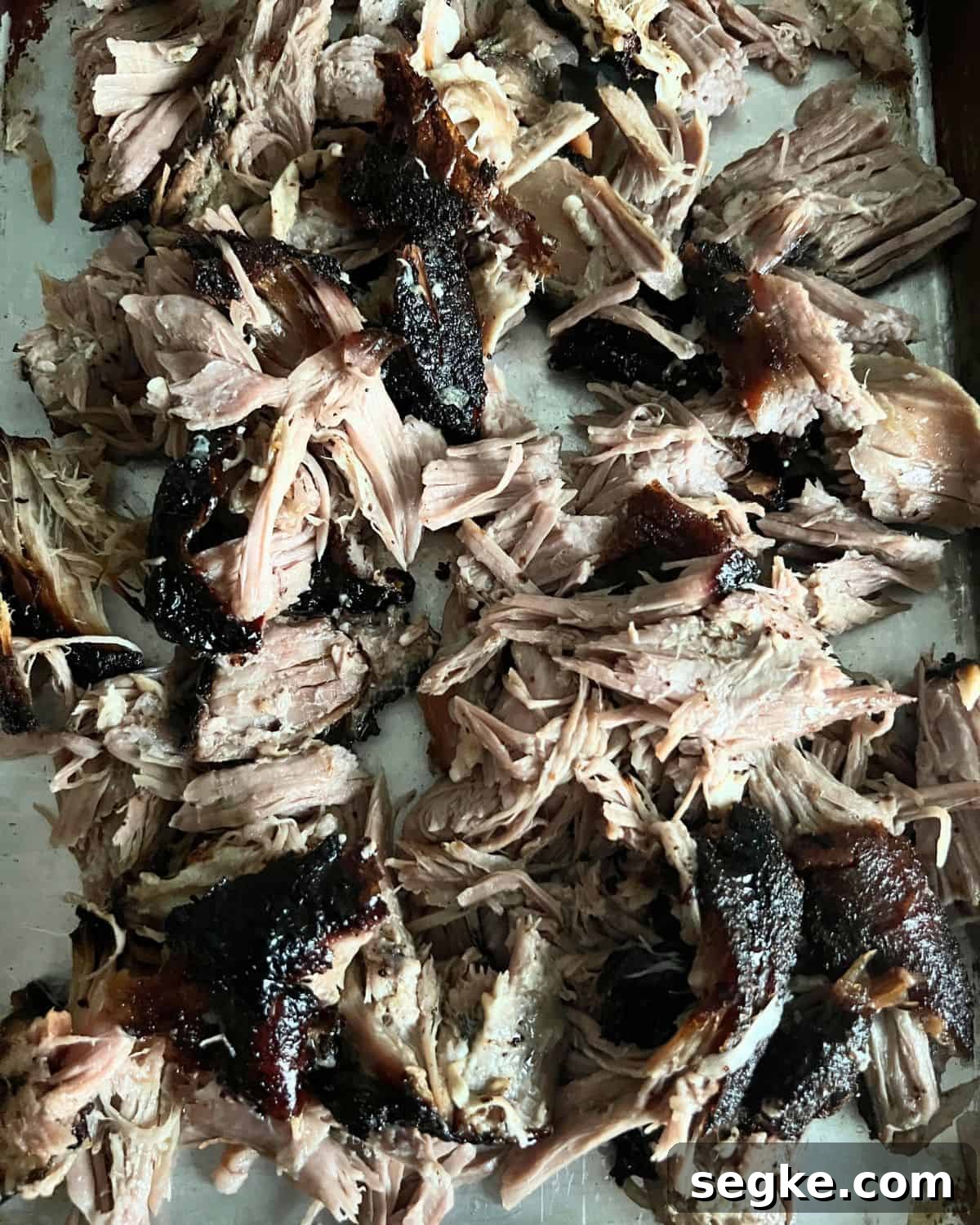 Shredded smoked pulled pork on a sheet pan.