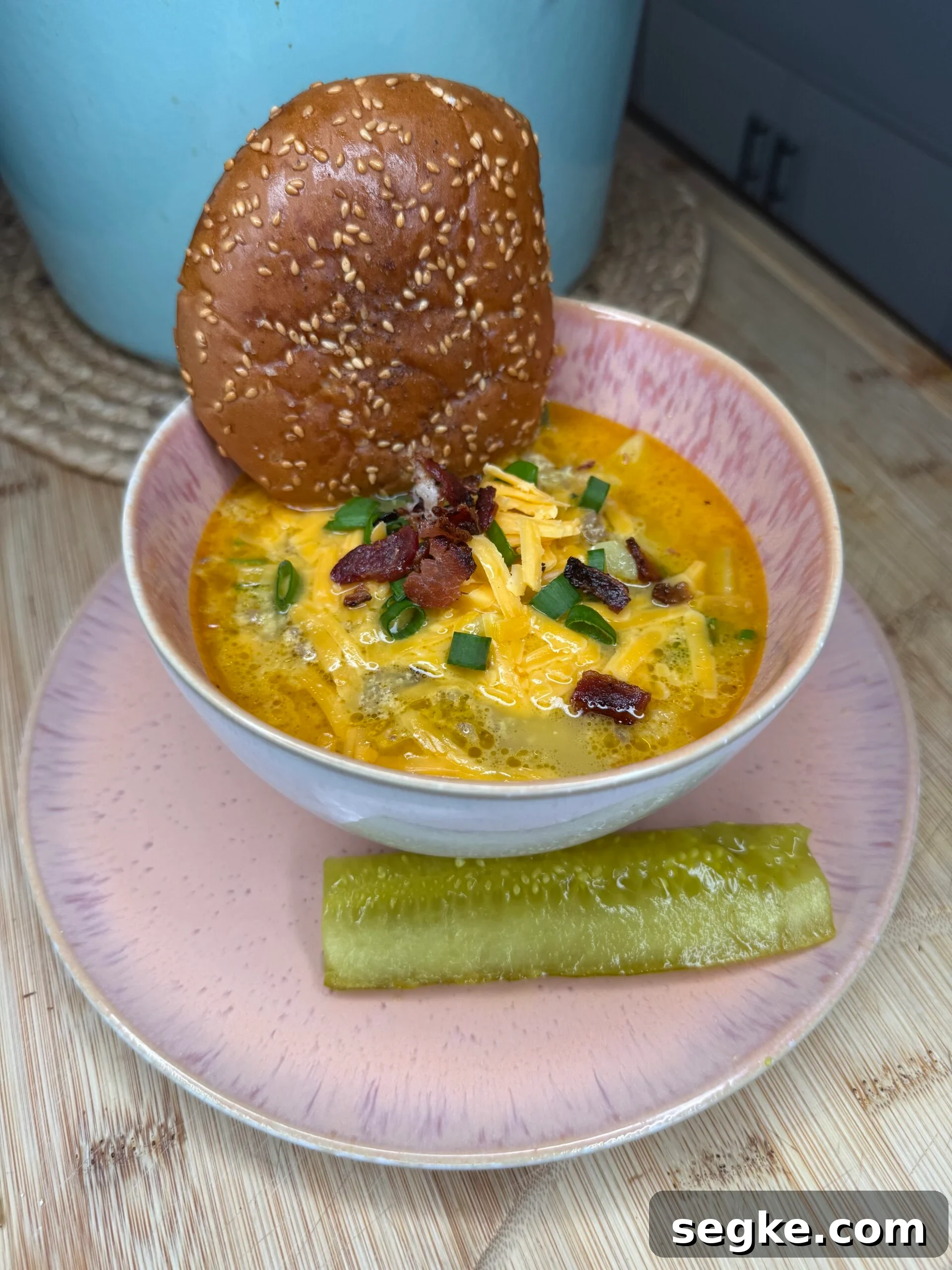A bowl of Bacon Cheeseburger Soup topped with shredded cheese, bacon bits, and green onions, served with a toasted sesame hamburger bun and a pickle spear on a pink plate.