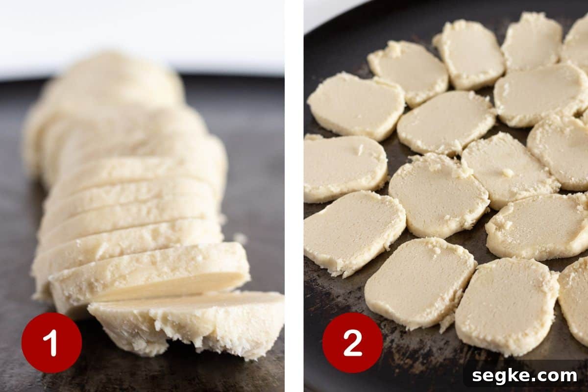 Slicing refrigerated sugar cookie dough and placing rounds on a baking sheet in a circle.