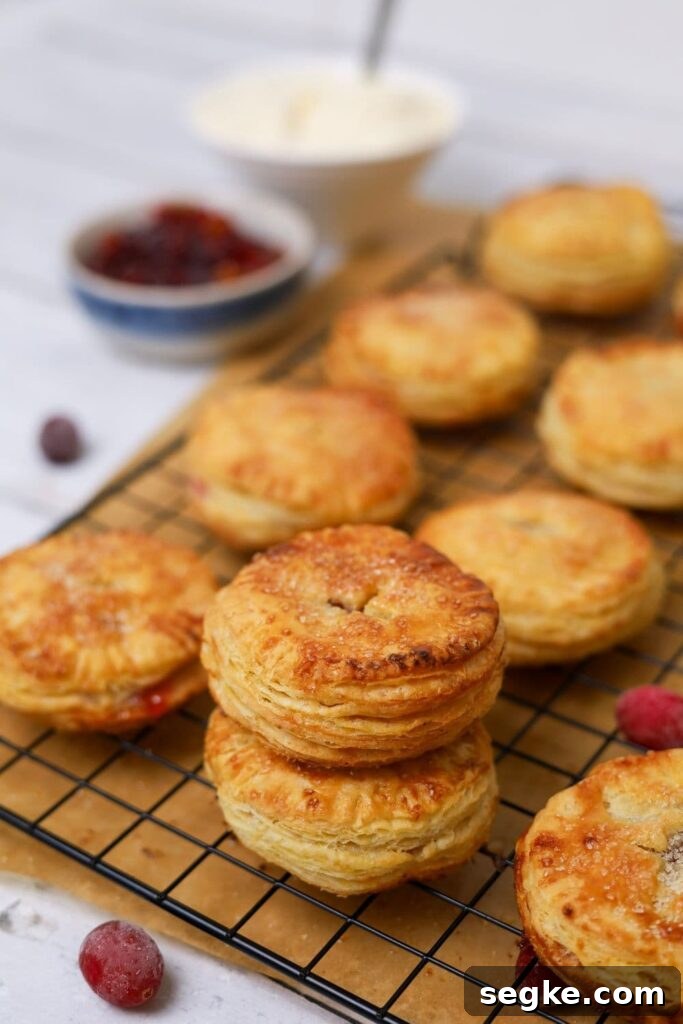 Two sourdough apple and cranberry hand pies stacked on top of each other.