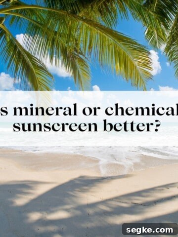 A beach with a palm tree on it and the title "is mineral or chemical sunscreen better?" over it.