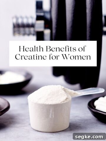A scoop of white powder with a dumbbell behind it and the title "health benefits of creatine for women" over it.