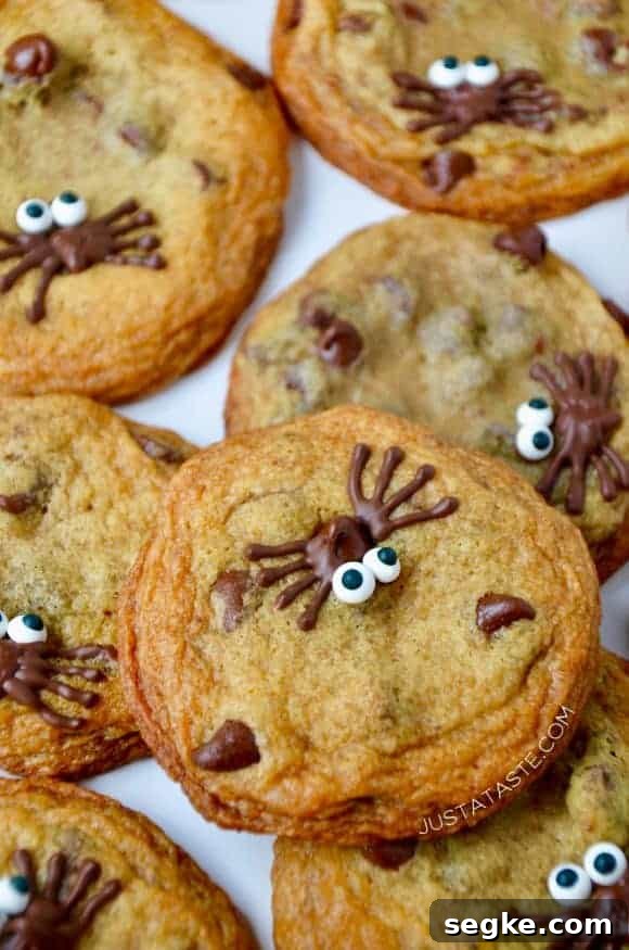 Spooky Halloween Dessert Recipes to Impress Guests 4 A close-up of Spider Chocolate Chip Cookies stacked on top of each other