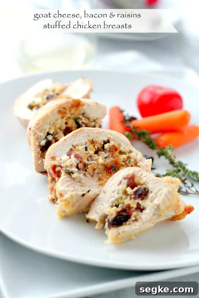 Goat Cheese, Bacon and Raisins Stuffed Chicken Breasts | www.diethood.com | Elegant, yet super easy recipe for chicken breasts stuffed with a delicious mixture of goat cheese, bacon, raisins and nuts. Goat Cheese, Bacon and Raisins Stuffed Chicken Breasts | www.diethood.com | Elegant, yet super easy recipe for chicken breasts stuffed with a delicious mixture of goat cheese, bacon, raisins and nuts.