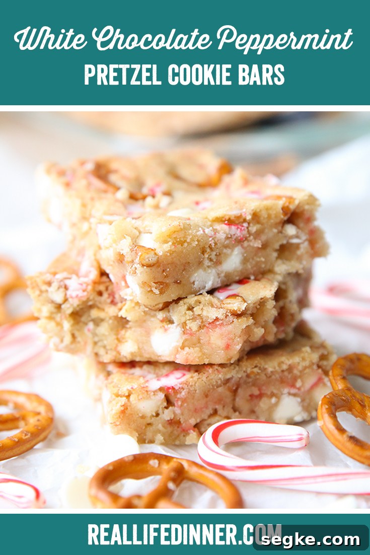 White Chocolate Peppermint Pretzel Cookie Bars Recipe 14 Pinterest picture with the text of the title of the recipe at the top.