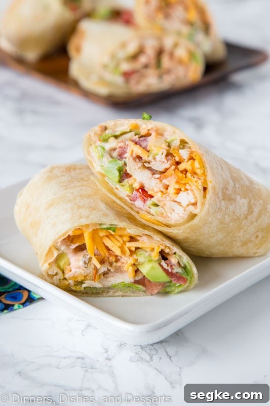 A chicken wrap on a plate, cut diagonally in half, with one half leaning on top of the other