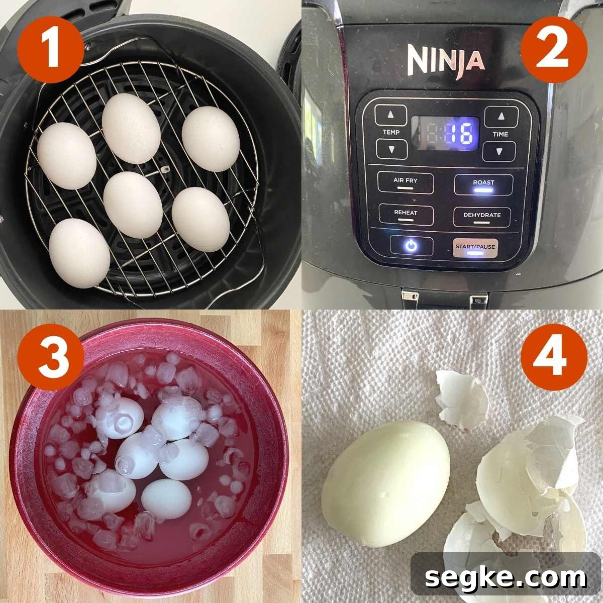 4 picture collage of directions to cook egg in an air fryer. 1)Uncooked eggs in basket, 2) Front of Ninja air fryer set to 16 minutes, 3) Cooked eggs in ice bath, 4) peeled egg with shell next to it.