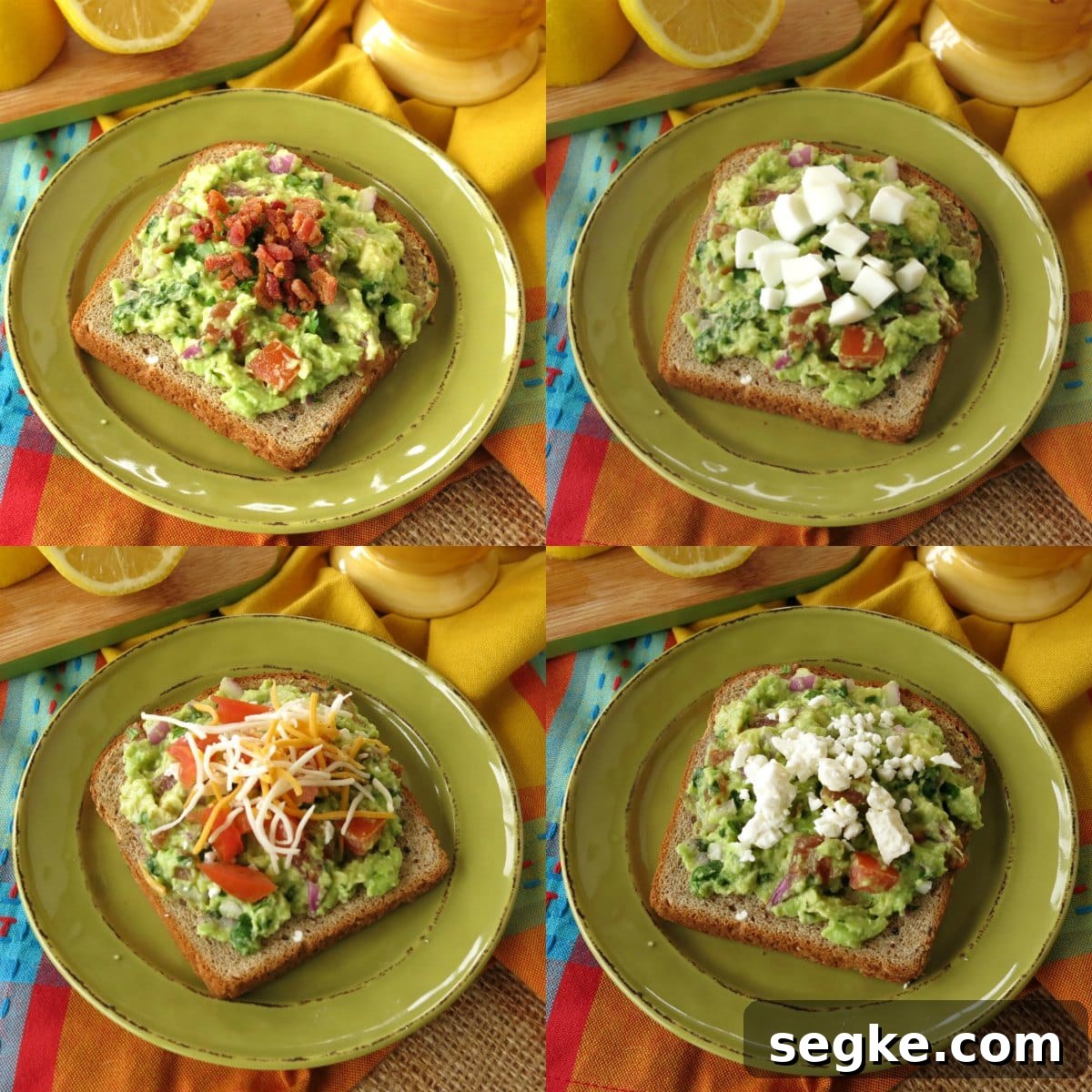 4 slices of breakfast gucamole toast with different toppings: bacon, egg, cheeses