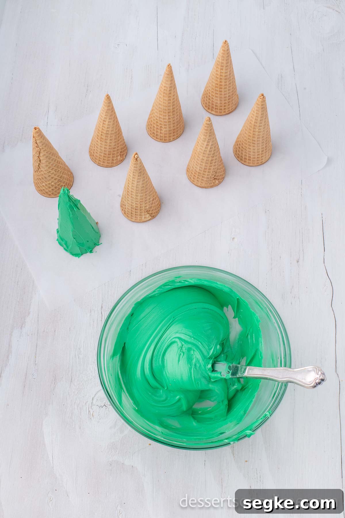 DIY Ice Cream Cone Christmas Tree Ornaments 5 Food coloring in bowl mixed together with frosting.