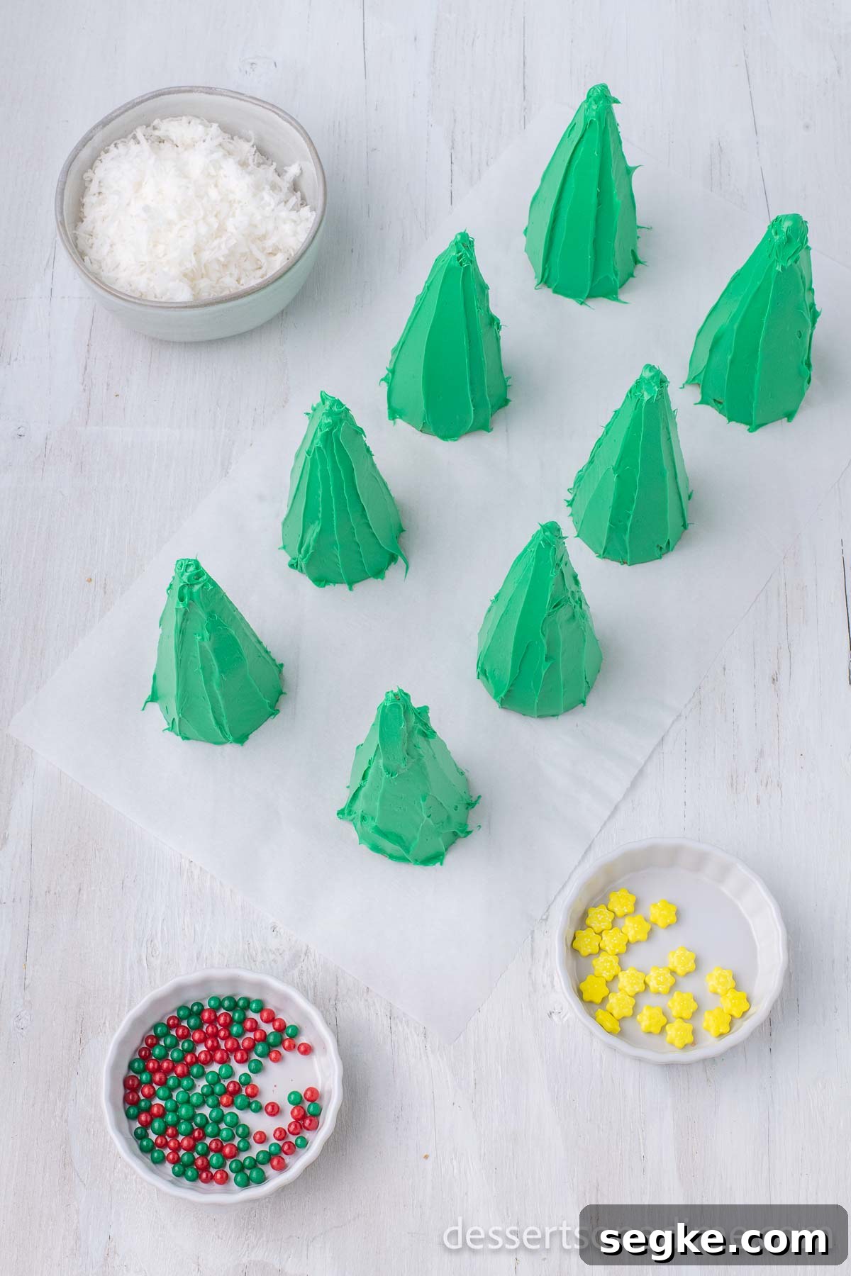 DIY Ice Cream Cone Christmas Tree Ornaments 7 Candy ready to go on each tree.