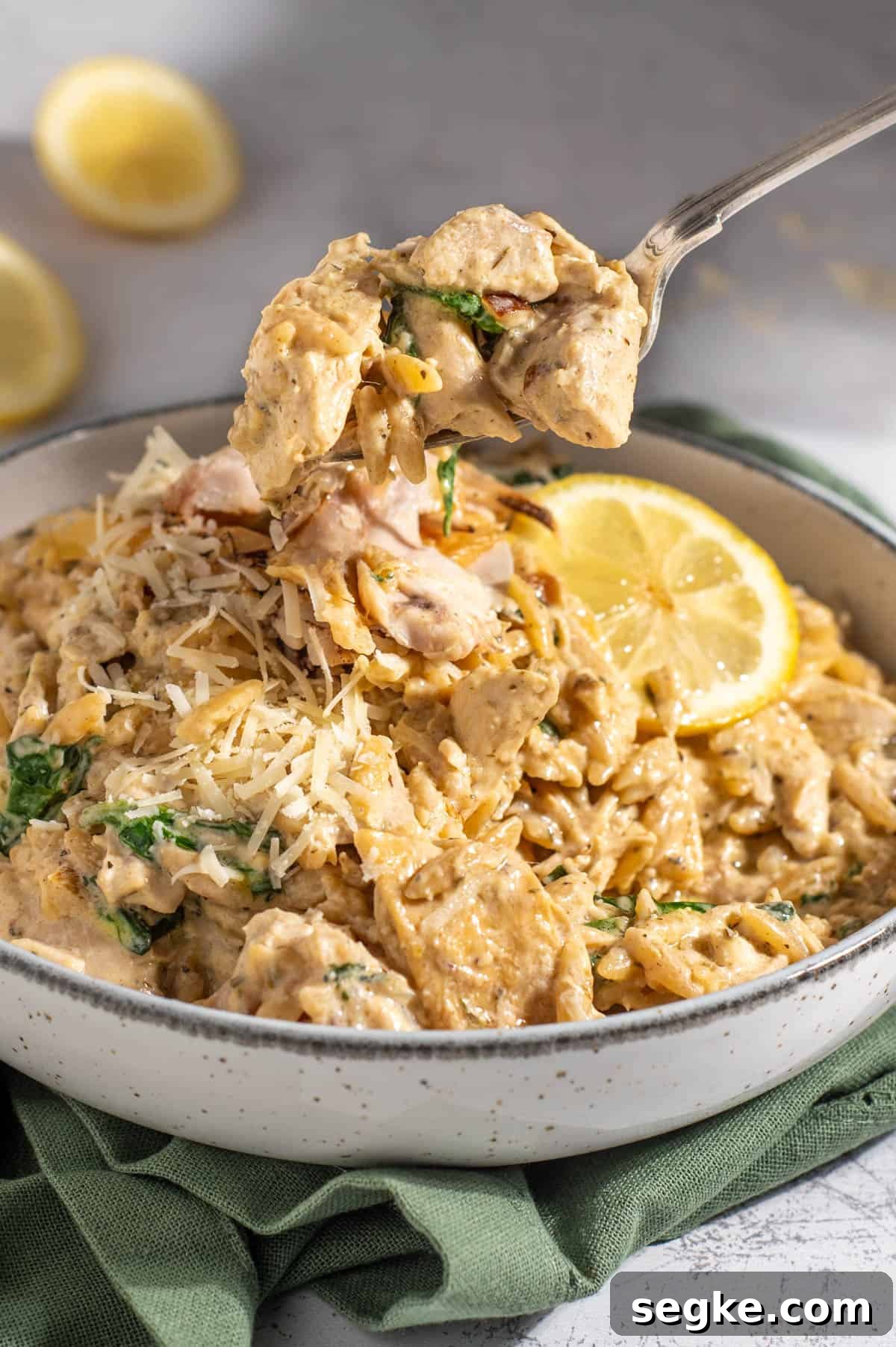 One-Pot Creamy Lemon Chicken Orzo 2 Lemon chicken orzo pasta with a spoonful on a fork.