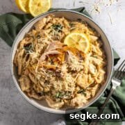 Lemon chicken orzo pasta with some sliced lemon.