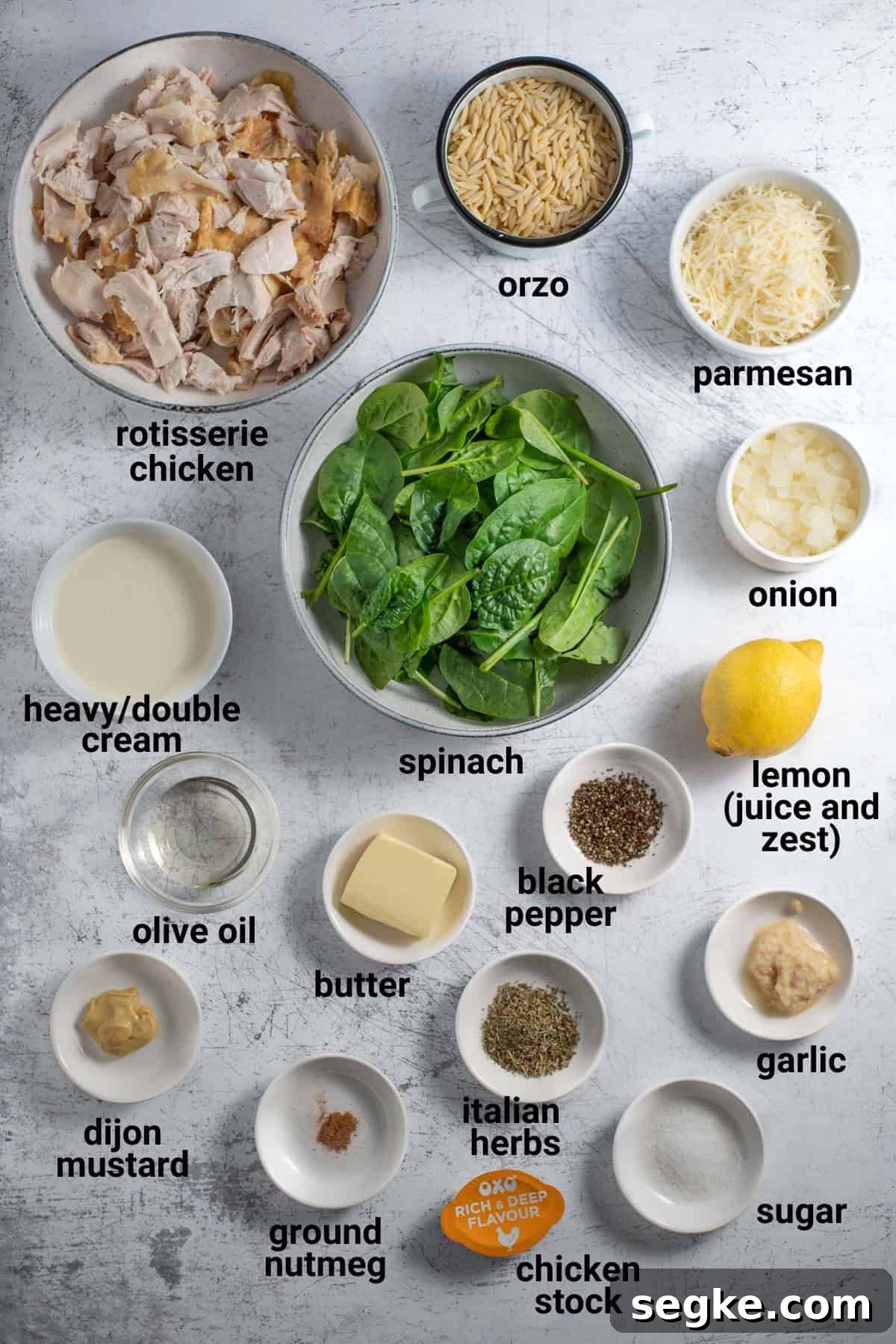 One-Pot Creamy Lemon Chicken Orzo 3 Lemon chicken orzo pasta ingredients.