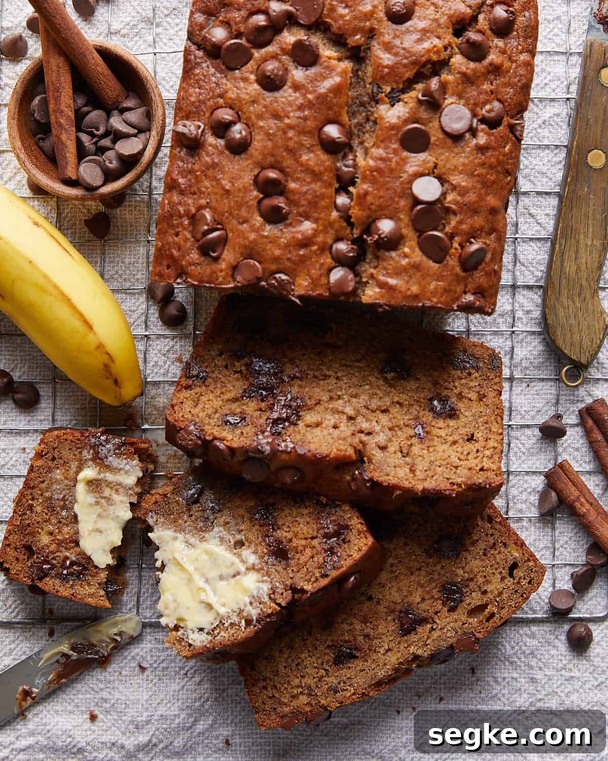 Overhead image of brown butter chocolate chip banana bread.