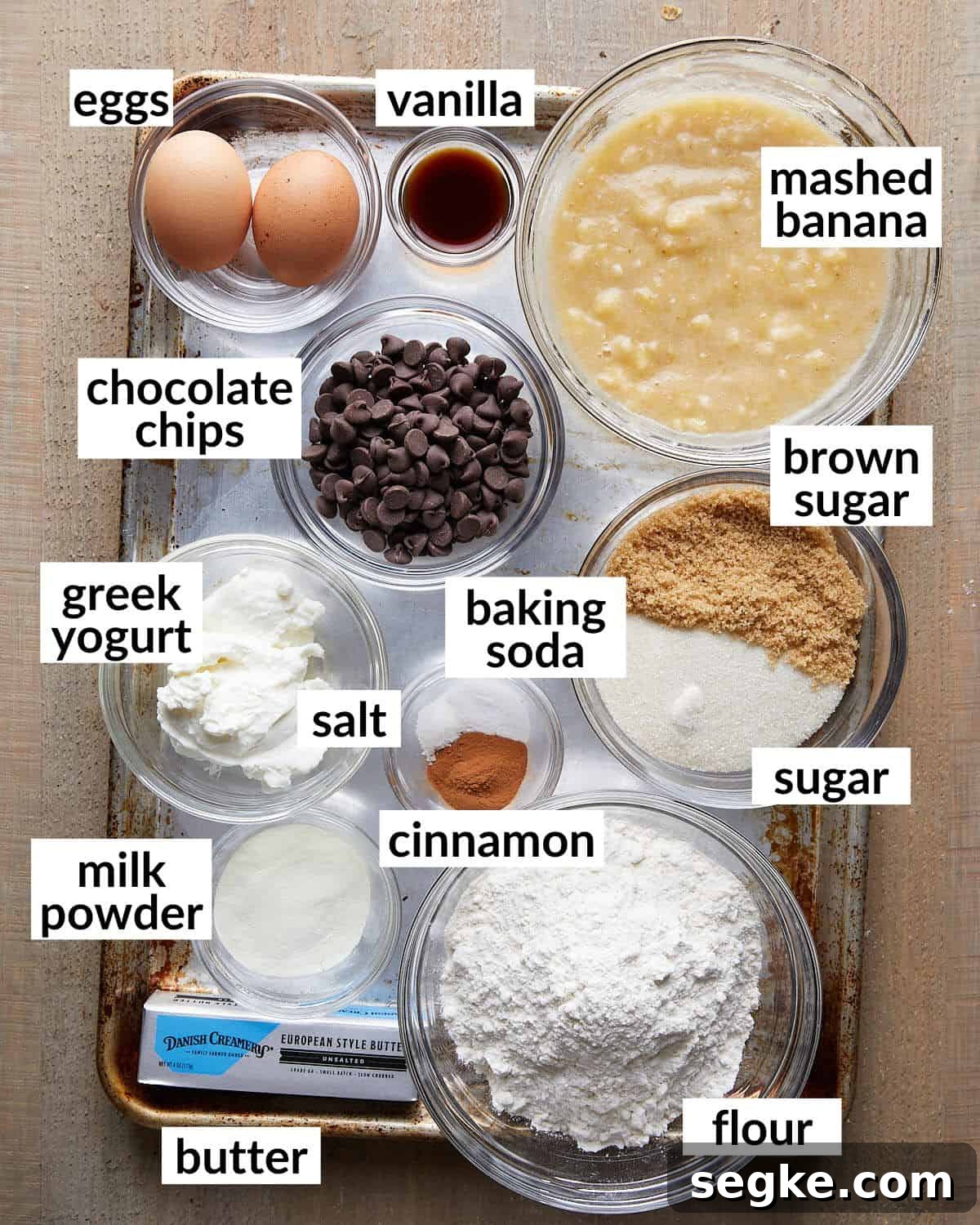Overhead image of brown butter chocolate chip banana bread.
