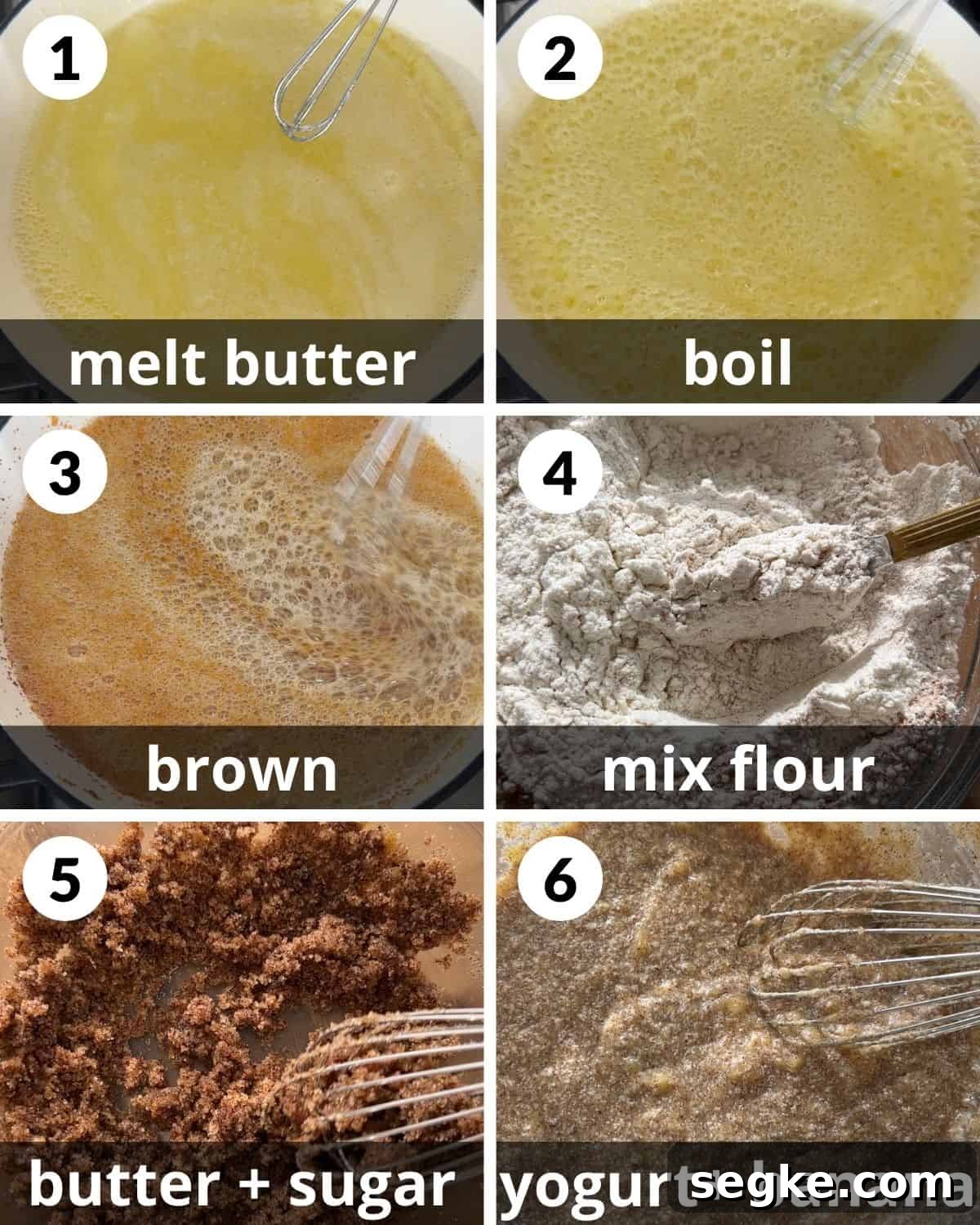 A 6 photo collage showing the beginning assembly of brown butter chocolate chip banana bread.