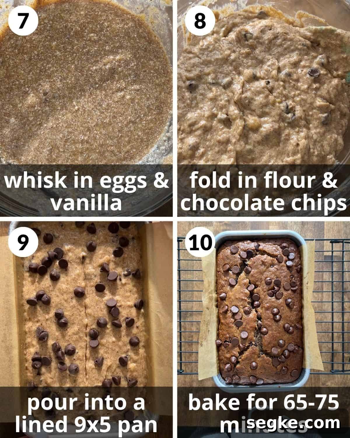 A four photo collage showing the final assembly of brown butter chocolate chip banana bread.