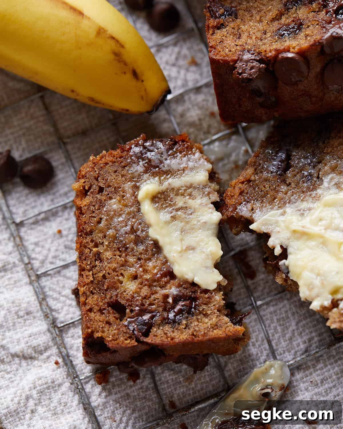 Up close image of brown butter chocolate chip banana bread.