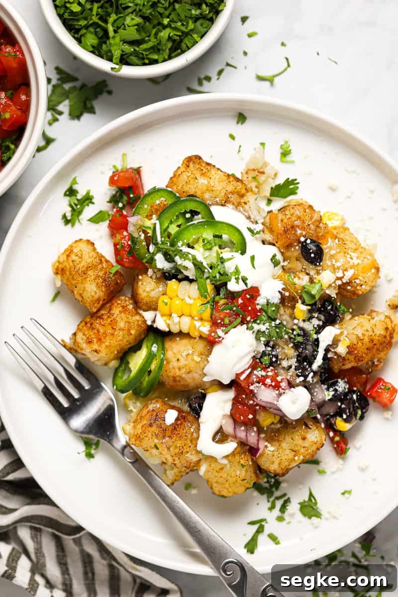 Large white plate with vegetarian tater tot nachos garnished with sour cream and cilantro 