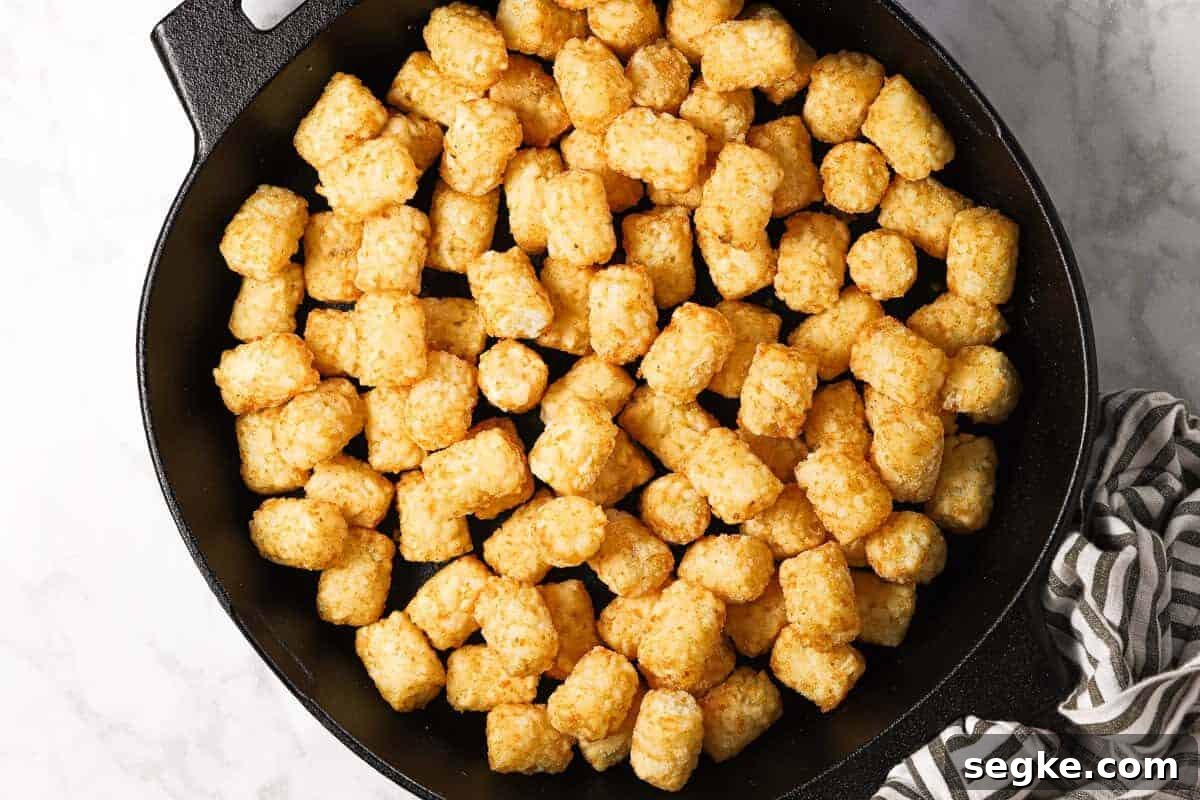 Frozen tater tots in a cast iron skillet 
