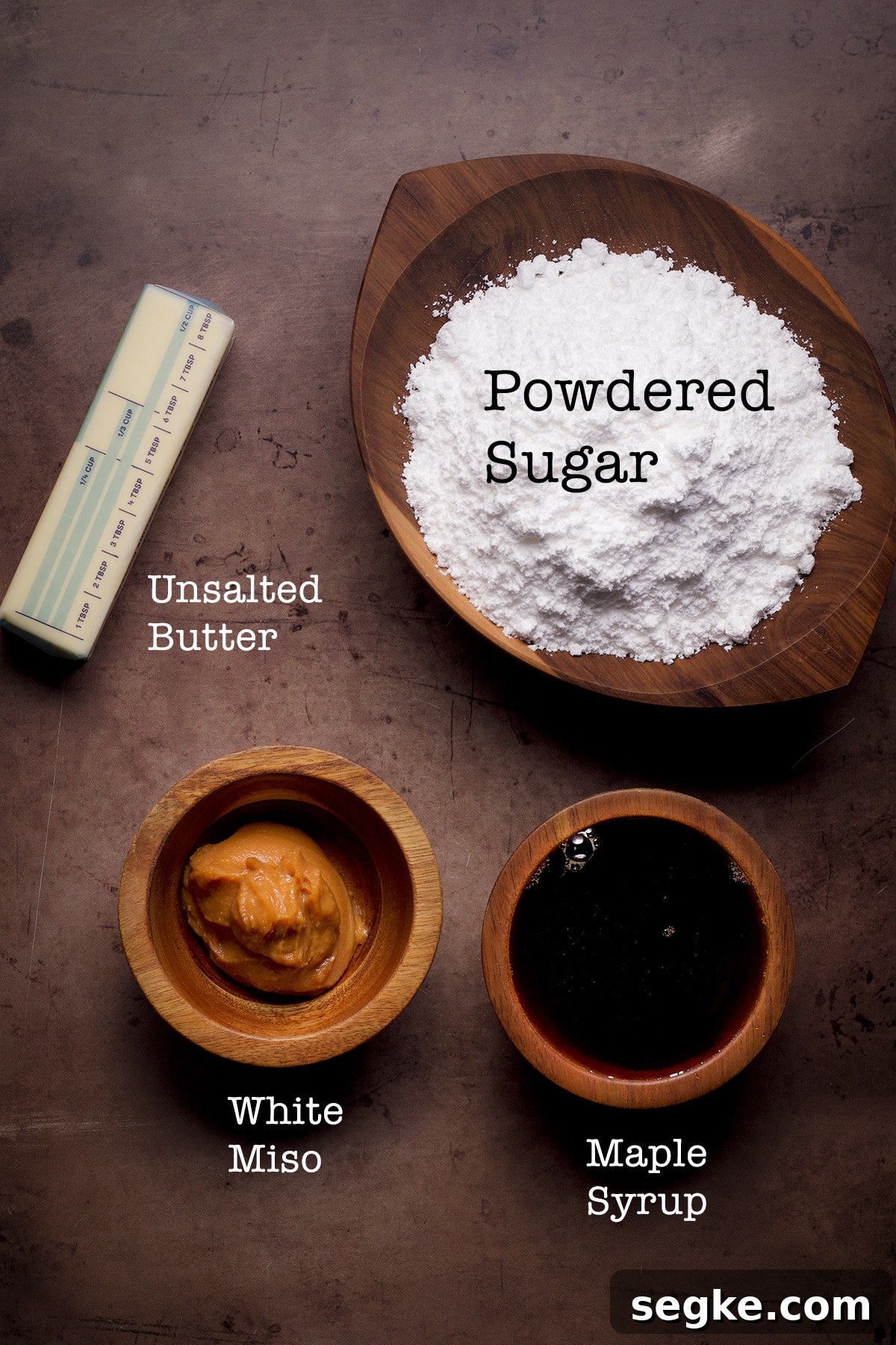 The ingredients needed to make maple miso brown butter frosting.