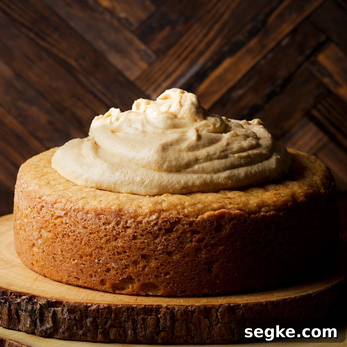 A single layer round cake piled high with maple miso brown butter frosting.