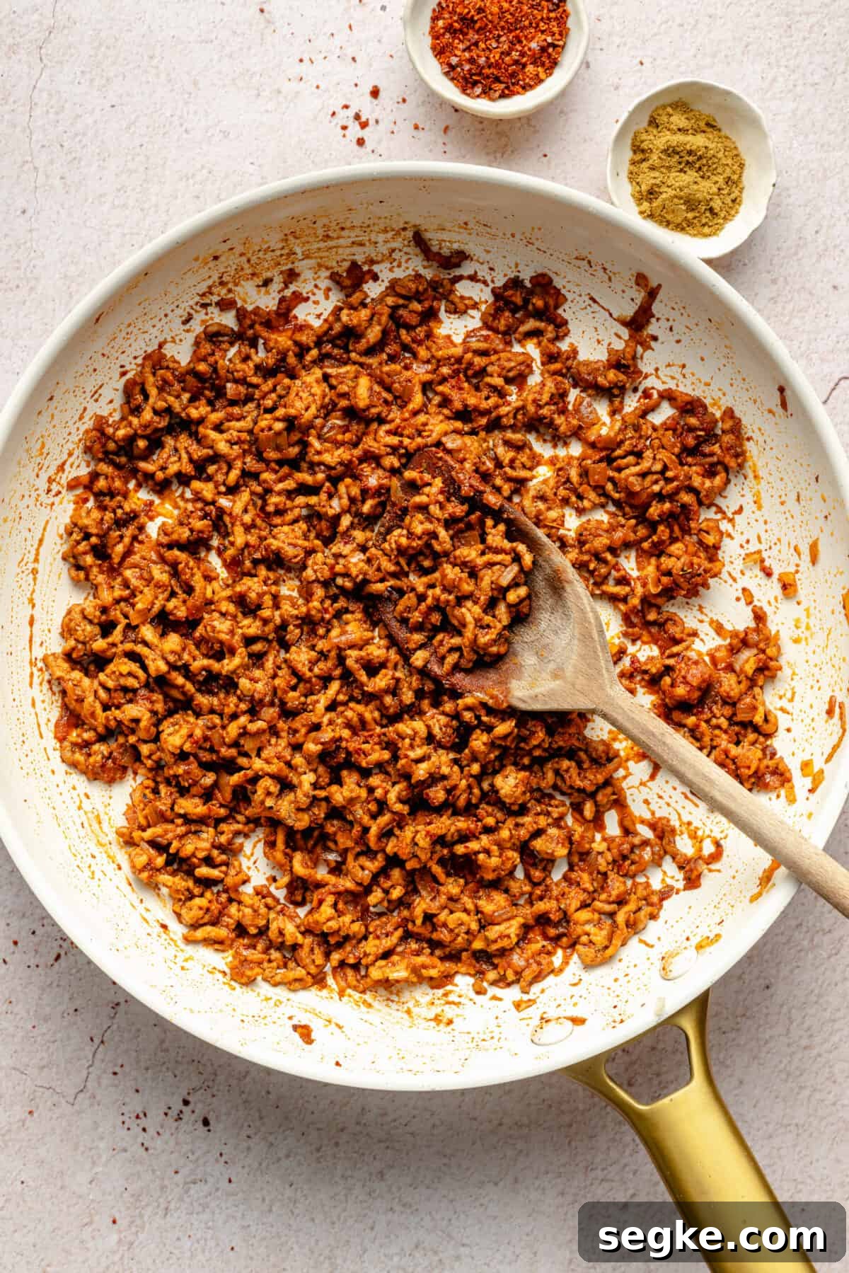 Labneh with Spicy Lamb and Roasted Eggplant Recipe 5 Spicy lamb in a skillet.