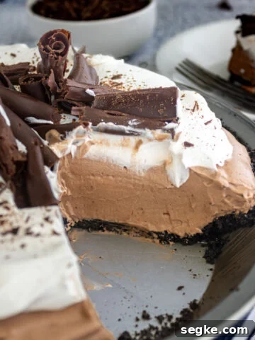 chocolate pudding pie on a counter.