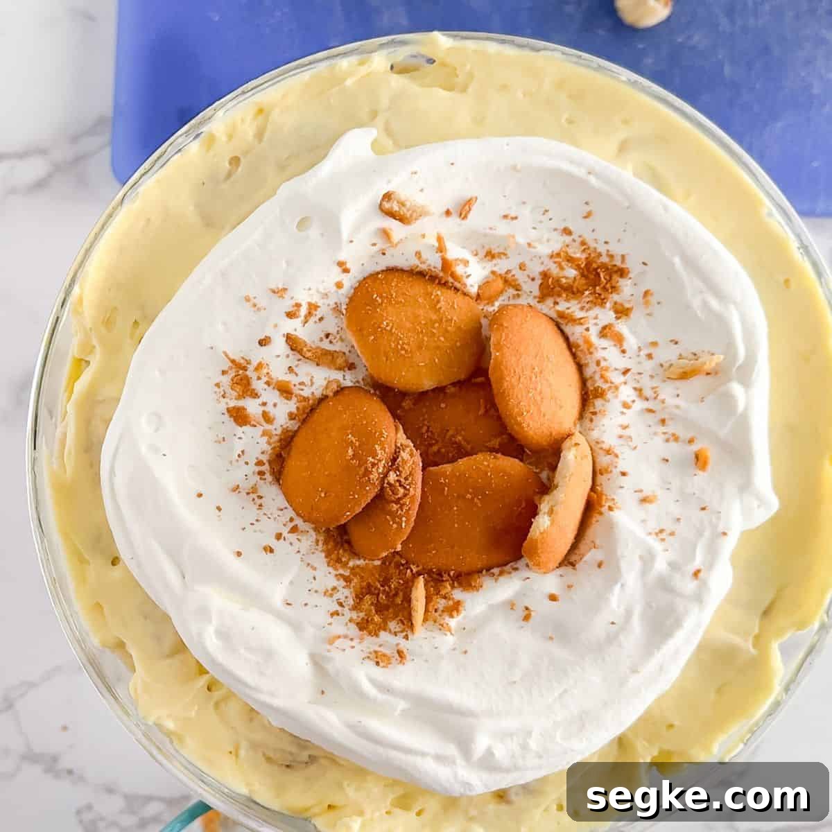 Top with whipped cream and cookies to complete banana pudding recipe.