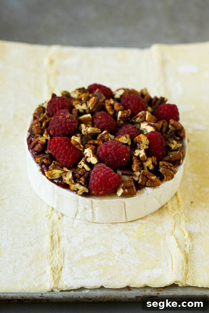 Baked Brie with Raspberries and Toasted Pecans Recipe 2 A wheel of cheese topped with jam, raspberries and pecans.