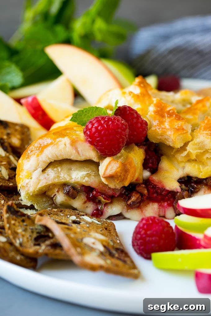 Baked Brie with Raspberries and Toasted Pecans Recipe 5 A cross section of baked brie filled with raspberries and pecans.