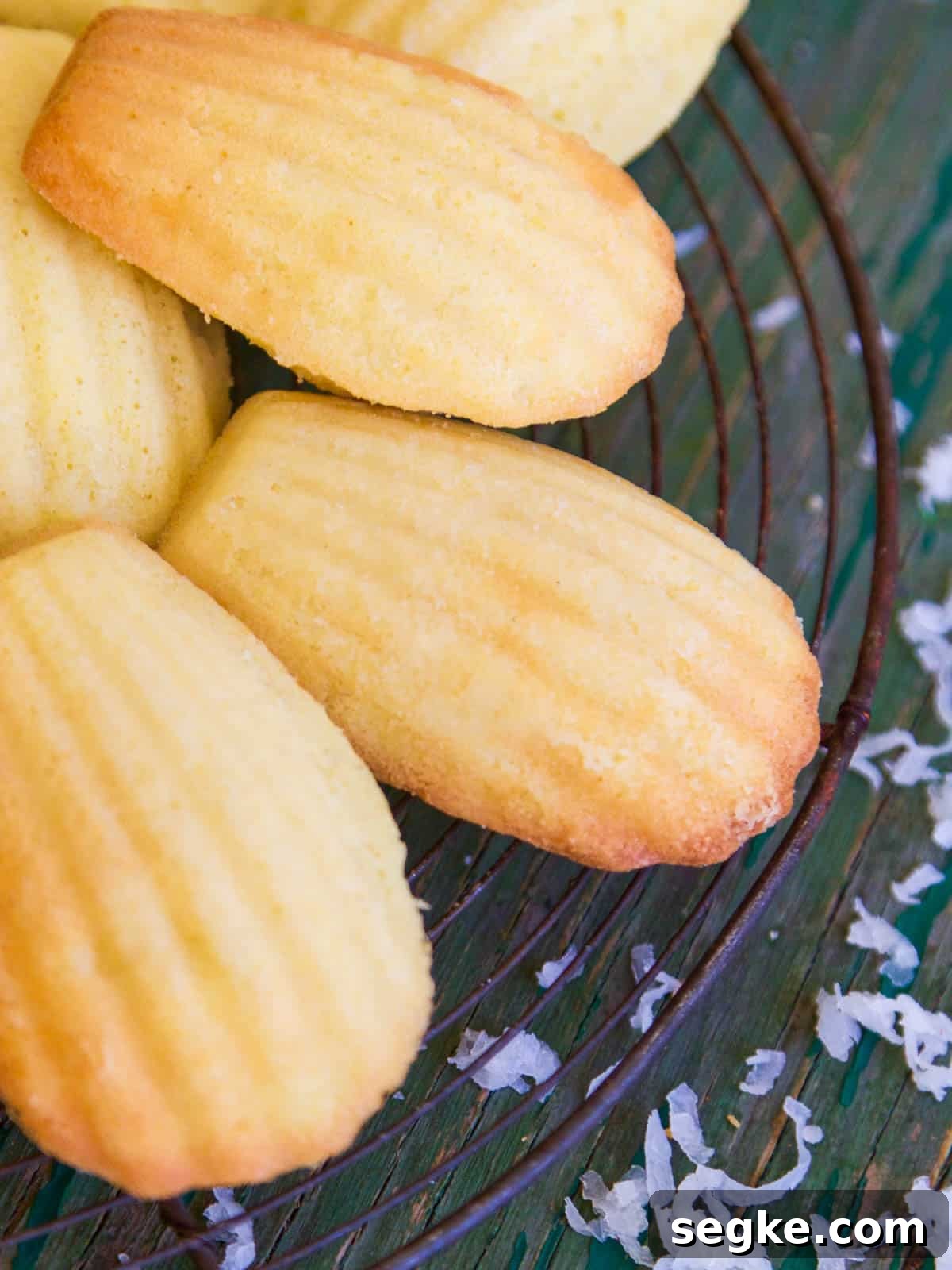 A few baked Pineapple Coconut Madeleines on a rack