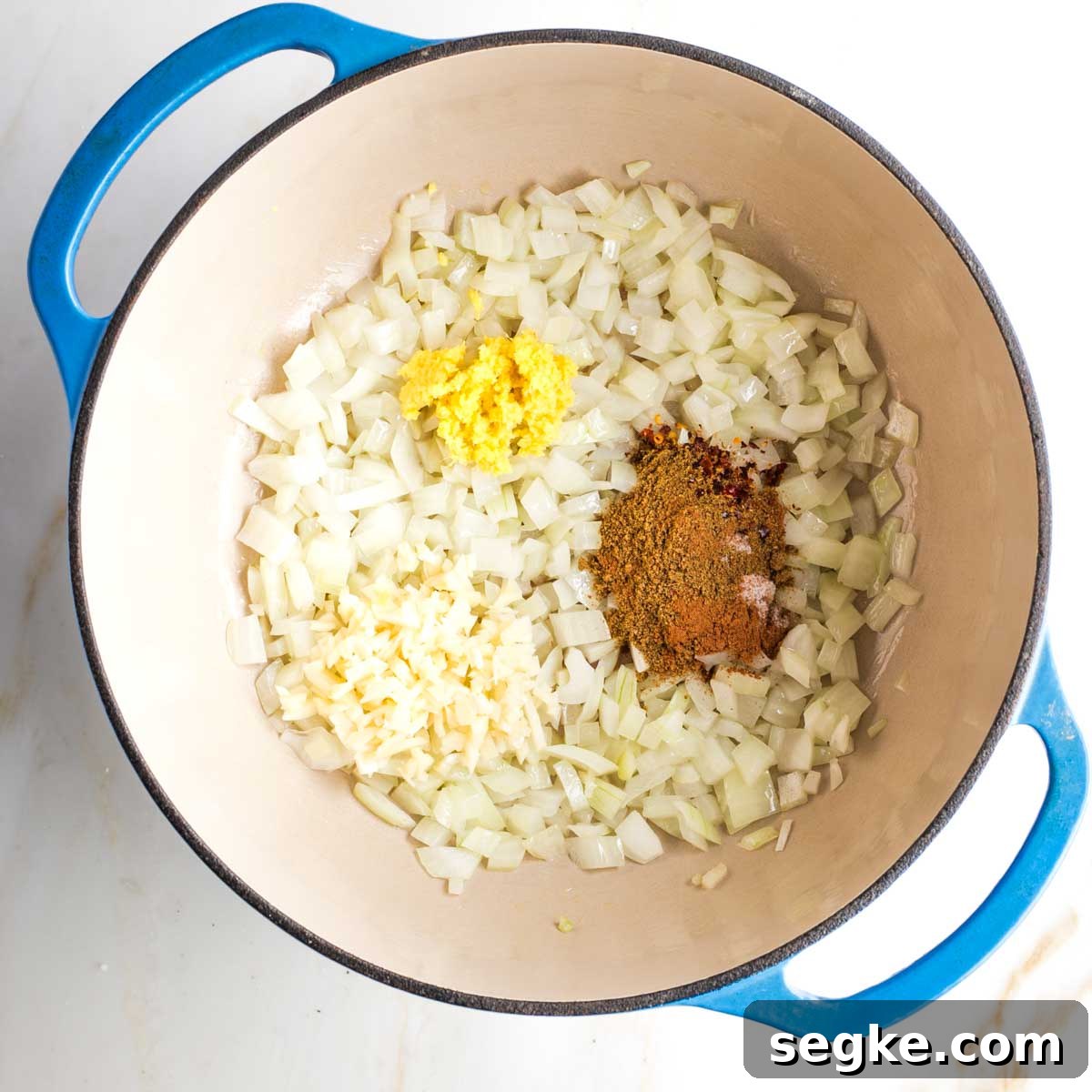 Dutch oven with sauteed onions plus ginger, garlic and spices.