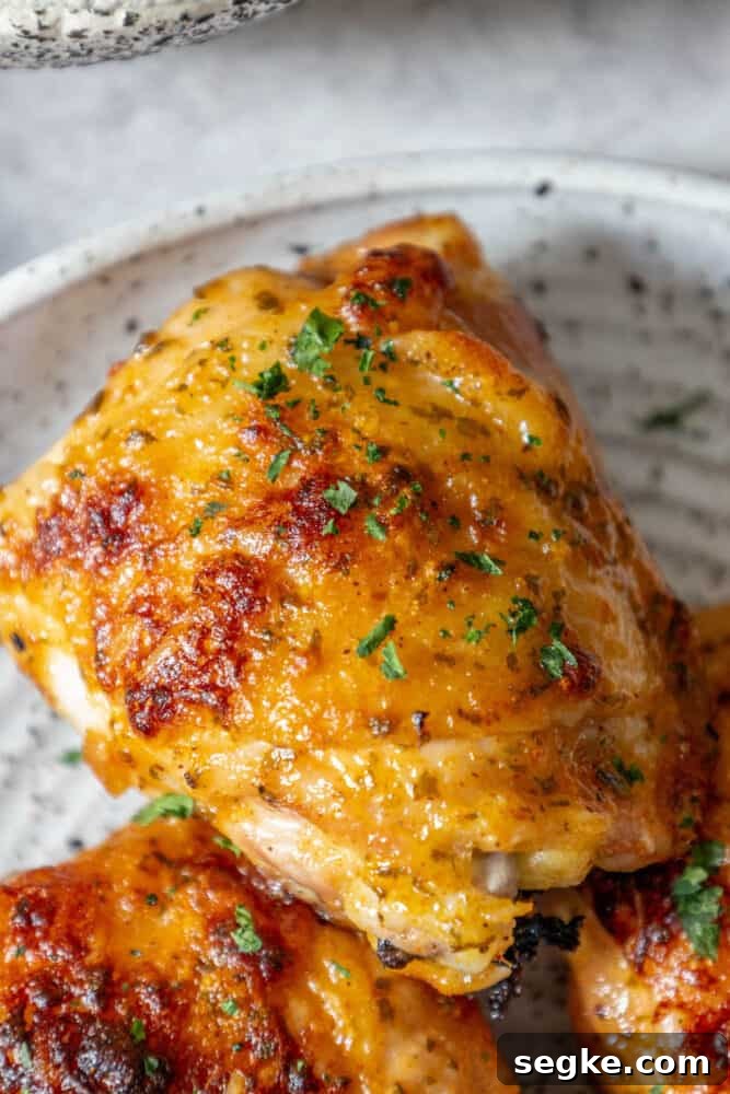 Crispy Oven-Baked Ranch Chicken Thighs 2 Baked Ranch Chicken Thighs on a plate with parsley