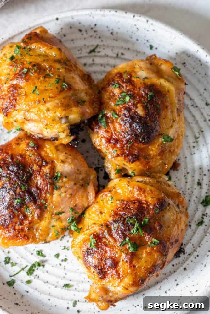 Crispy Oven-Baked Ranch Chicken Thighs 3 Baked ranch chicken thighs on a white plate with parsley