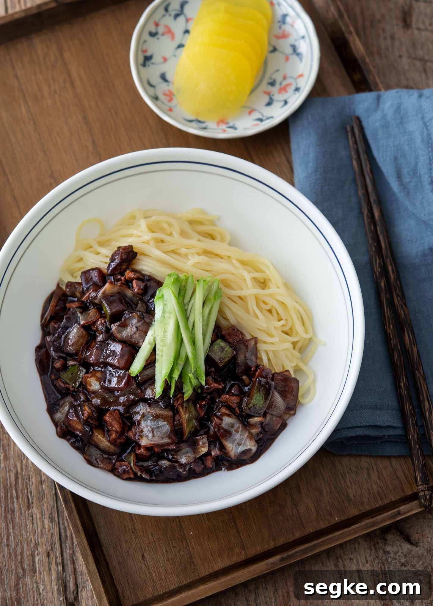 Jajangmyeon Recipe: Korean Black Bean Noodles 2 A bowl of jajangmyeon (Korean black bean noodles) in a serving dish.