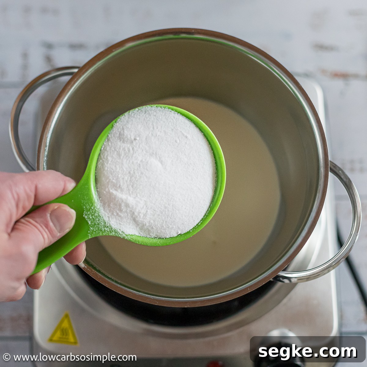 Keto Eggnog Gummies for Low-Carb Holiday Treats 3 Adding Sweetener to Saucepan | Low-Carb, So Simple
