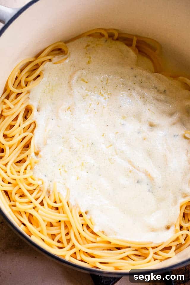 white dutch oven with spaghetti and white cream sauce on top