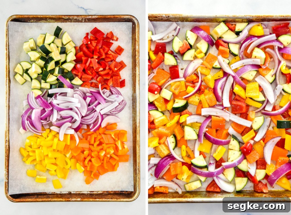 prepared cut veggies on a sheet pan before roasting.