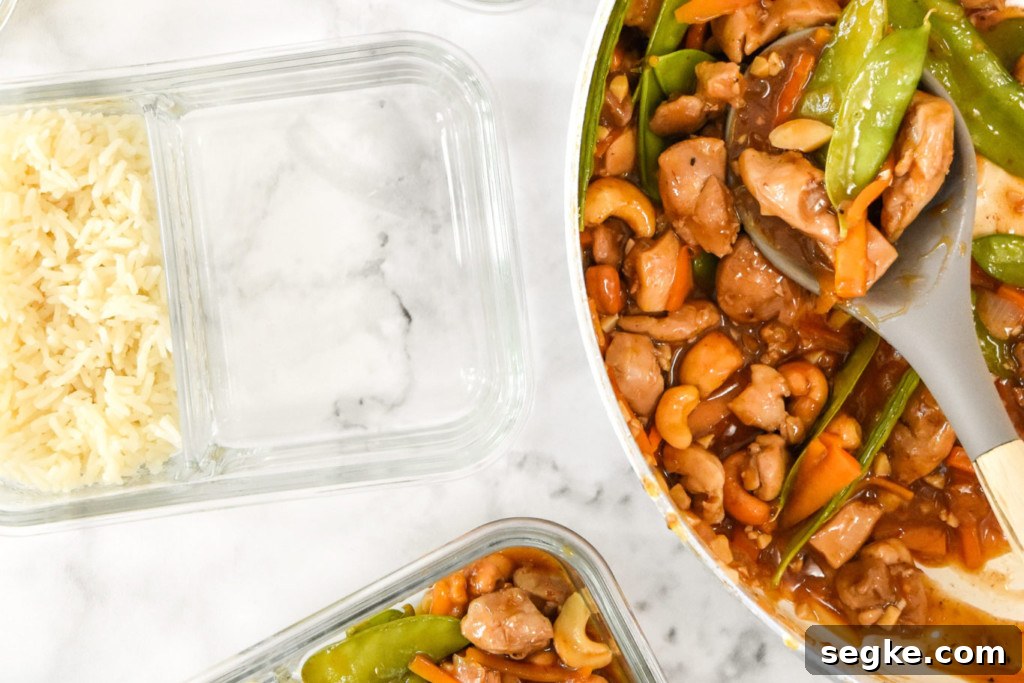 portioning cashew chicken stir-fry