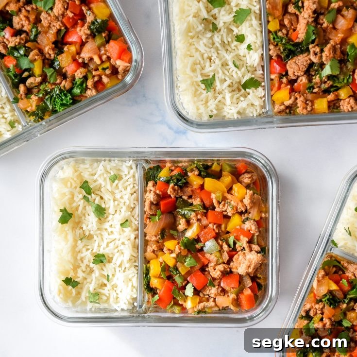 chipotle ground turkey skillet meal prep in a glass container cilantro.