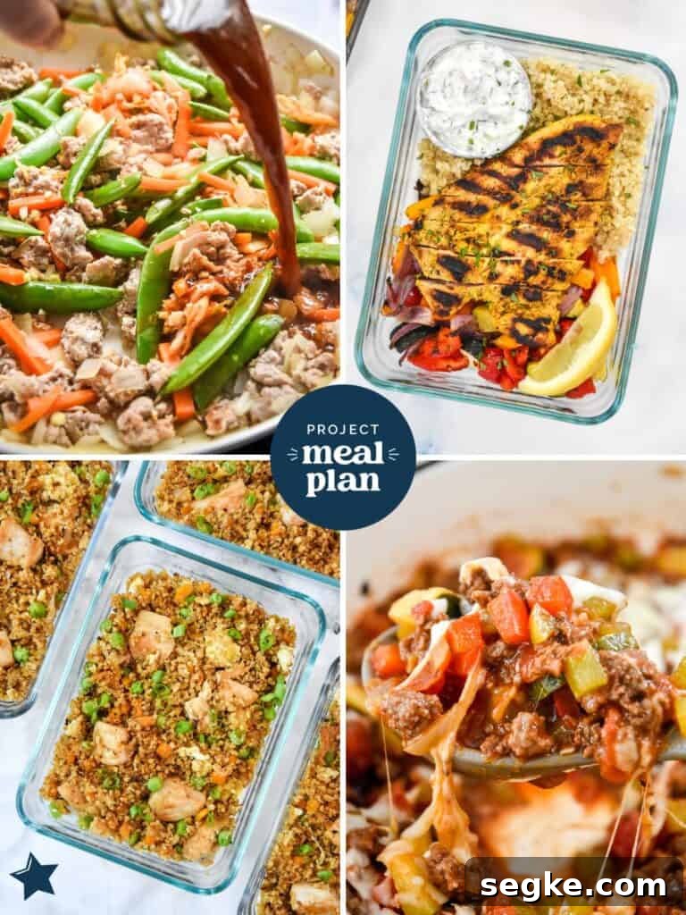 collage of meal prep lunch images, cooking and finished in glass containers.