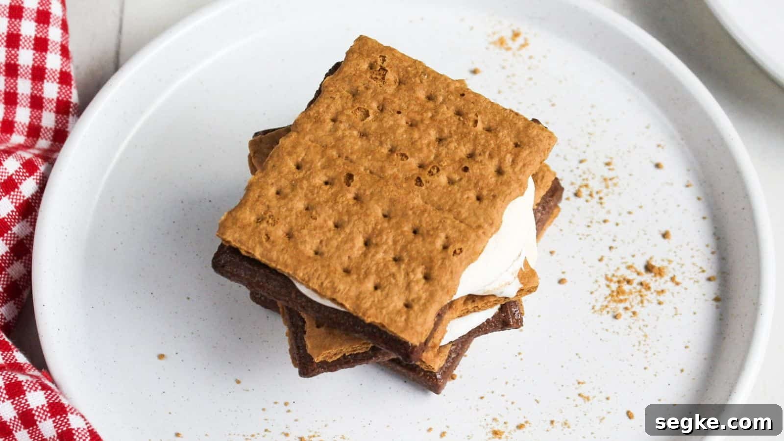 A s'more with melted marshmallow and chocolate between graham crackers on a white plate.
