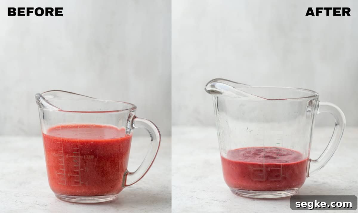 A before and after photo of strawberry puree that has been cooked.