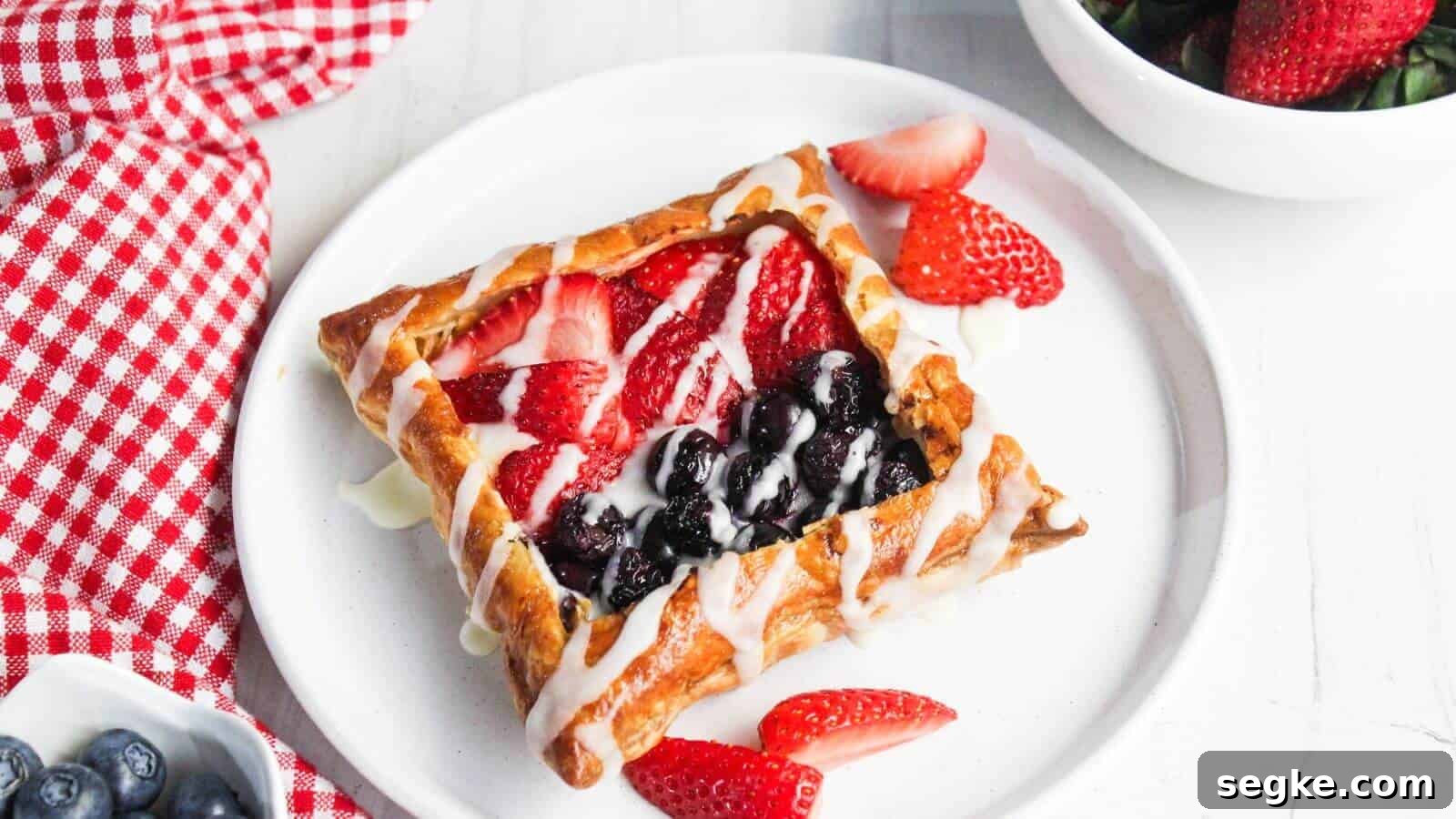 A pastry with berry filling and white drizzle on a white plate is accompanied by strawberry slices. A red and white checkered cloth, blueberries, and a bowl of strawberries are nearby.