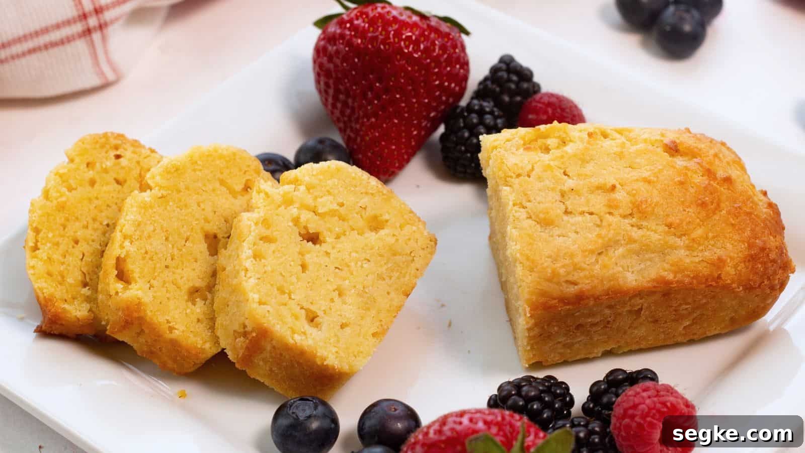 Mini pound cake loaf on square plate sliced with berries.
