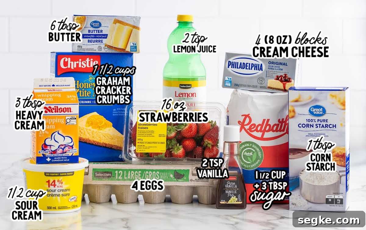 Ingredients for strawberry swirl cheesecake including cream cheese, strawberries, eggs, sour cream, sugar, butter, and graham cracker crumbs