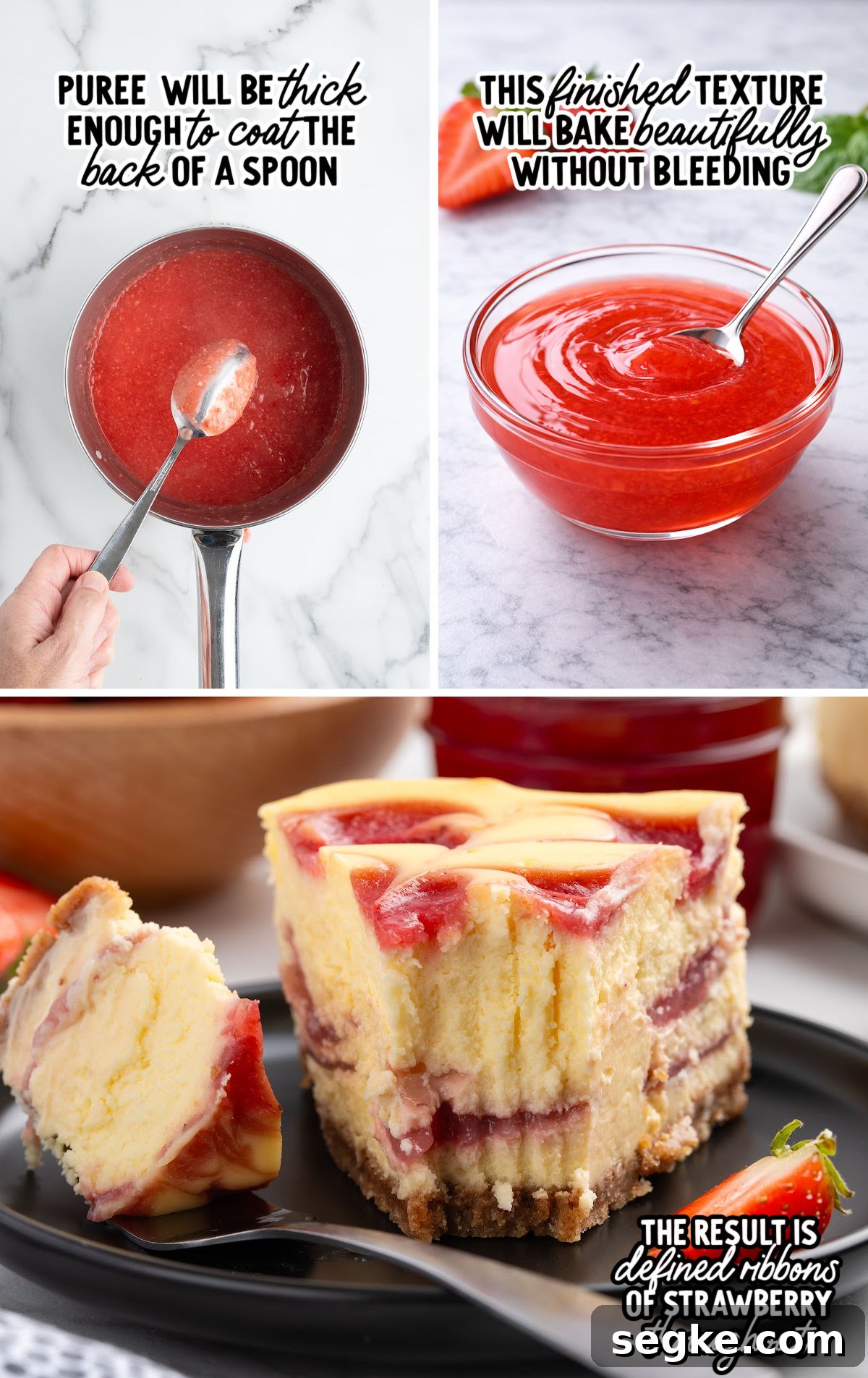 Strawberry puree being strained to a smooth texture