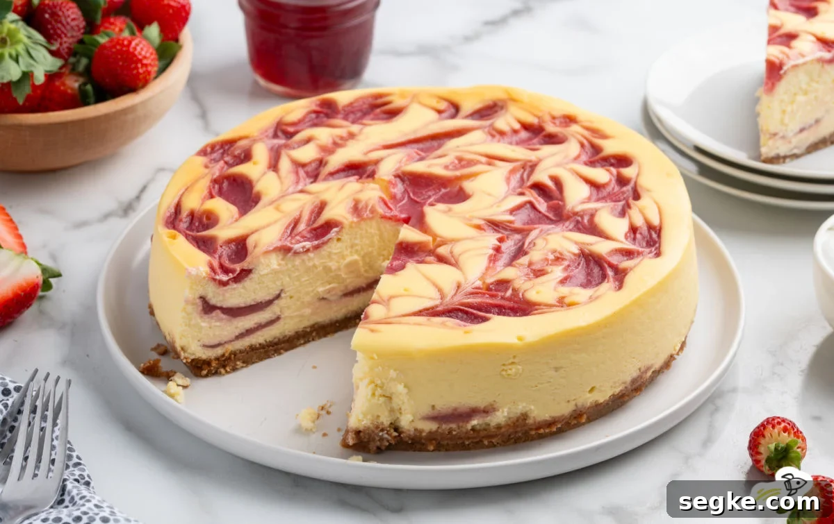 Sliced strawberry swirl cheesecake on a serving plate