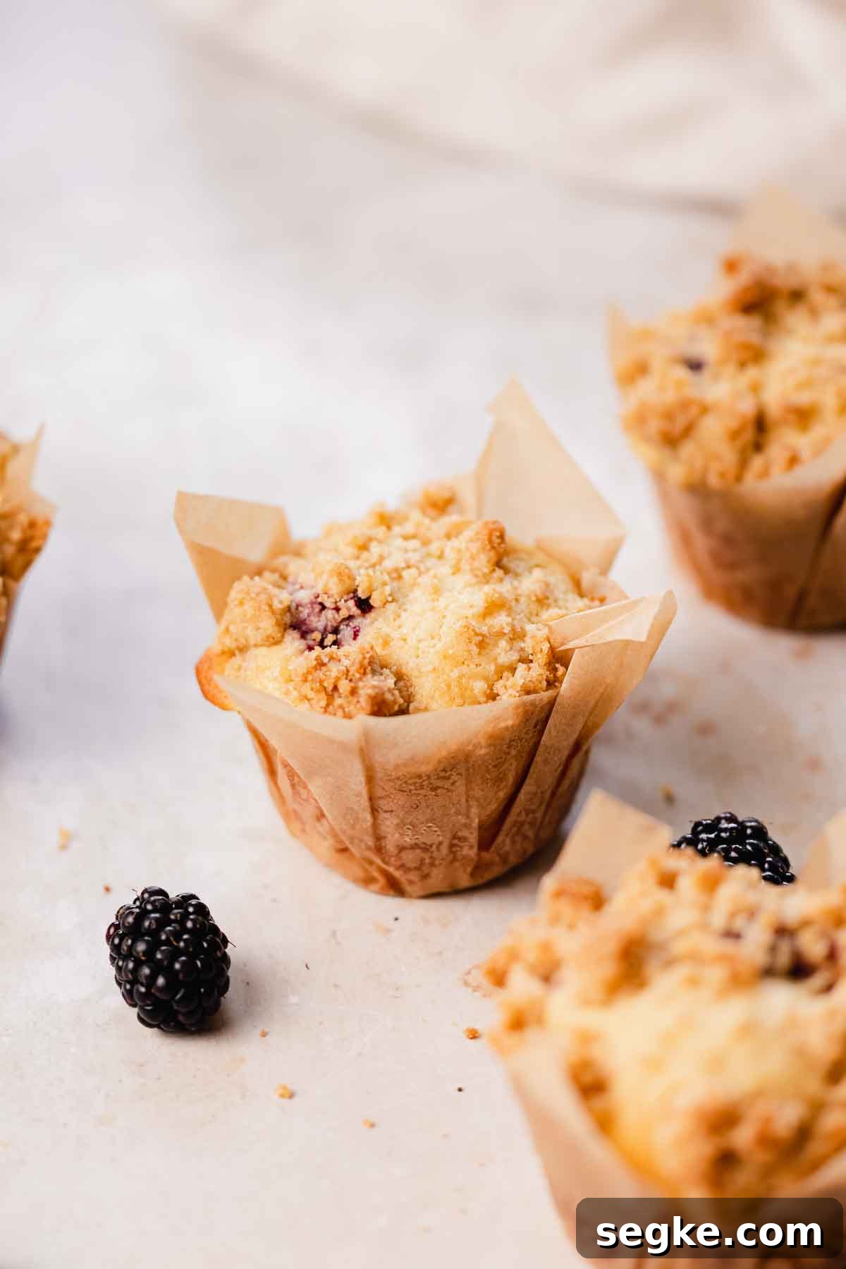 Blackberry Muffins Recipe: Fluffy, Juicy, Homemade 2 closeup of blackberry muffin with crumble